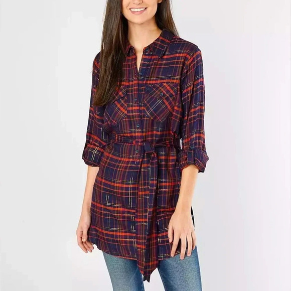 Miss Me Navy Red Metallic Plaid Tunic Long Shirt Tie Waist Button Down Size M - Picture 1 of 9